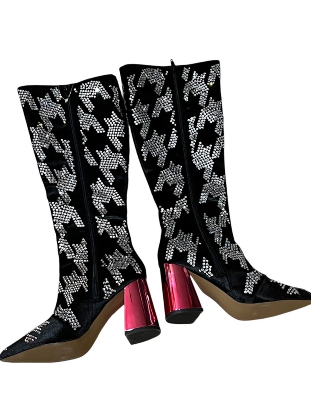 Betsey Johnson Naomy Rhinestone Houndstooth pink block heelTall Boots 6 NWOT - Picture 8 of 14